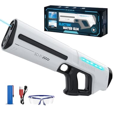 Skirfy Pistola ad acqua elettrica per bambini e adulti, giocattolo a spruzzo a batteria con serbatoio, portata 9 m, luce a LED, assorbimento automatico dell'acqua, gioco estivo in spiaggia all'aperto