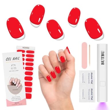 BUTBU Unghie Gel Adesive UV, 20 Pezzi Smalto Adesivo per Unghie, UV Pellicola per Unghio Autoadesiva, con Lampada UV e Lima per unghie Attrezzo, per Unghie Arte DIY (Rosso)
