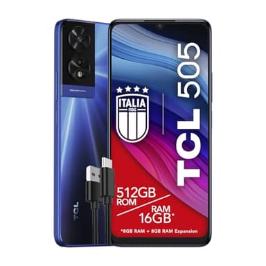 TCL 505 - Smartphone 4G Display 6.75 HD+ 90Hz, 512GB, 16GB RAM (8+8GB RAM expansion), 50Mp Hybrid camera, Android 14, Batteria 5010 mAh, Dual Sim, Ocean Blue, Cavo USB Type-C Aggiuntivo