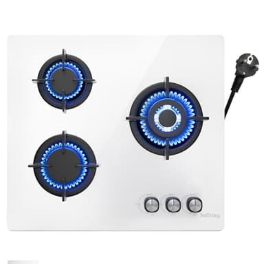 Piano Cottura 3 fuochi gas, Da Incasso, Piano Cottura 3 fuochi 60 cm, 7750W, Protezione Flame-Out, Gaz Naturale/Propano/Butano, Vetro Bianco