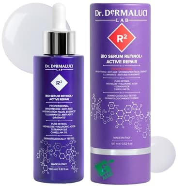 Siero Retinolo Viso Puro 0,10% 100ML BIO | Antirughe, Rassodante, Illuminante | Acido Ialuronico & Peptidi | Oli di Camelina, Oliva & Curcuma | Dermatologicamente Testato, Made in Italy