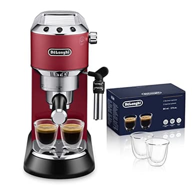 De'Longhi Dedica EC685.R Macchina da Caffè Espresso Manuale e Cappuccino + 2 bicchieri espresso, Caffè in Polvere o in Cialde E.S.E., Pompa a 15 bar, 1350 W, Rosso