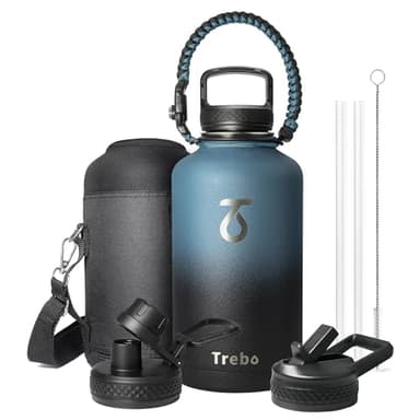 Borraccia Termica 2L, Trebo Borraccia con Cannuccia 2L Borraccia acciaio inox fredda per 48 ore Borraccia Termica Bottiglia in Metallo con Manico in Paracord, Indigo