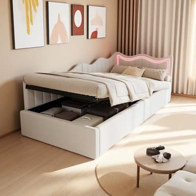 Julyue Letto singolo imbottito 90 x 200 cm, divano letto con vano idraulico, letto con LED, letto per gli ospiti, letto per ragazzi con rete a doghe, in lino, senza materasso (beige e bianco, 90 x 200