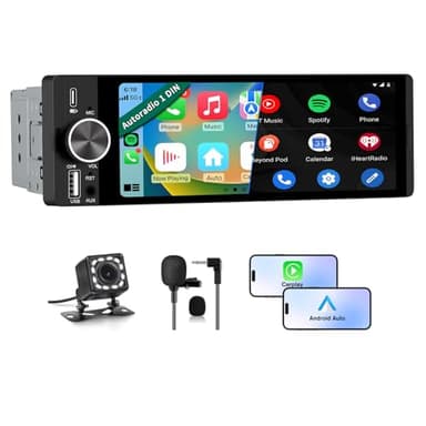 Hexinex Autoradio Bluetooth 1 DIN con Schermo CarPlay & Android Auto Wireless FM Tipo-C Comandi al Volante