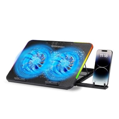 NK Base di raffreddamento portatile Gaming 17" - 7 modalità Luci LED RGB, 2 ventole silenziose con velocità regolabili, 5 altezze regolabili, porta USB, telefono holder, raffreddamento rapido