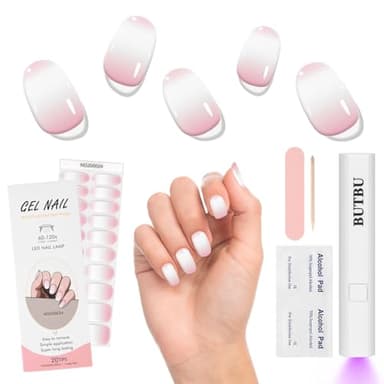 BUTBU Unghie Gel Adesive UV, 20 Pezzi Smalto Adesivo per Unghie, UV Pellicola per Unghio Autoadesiva, con Lampada UV e Lima per unghie Attrezzo, per Unghie Arte DIY (Rosa e Bianca Sfumato)