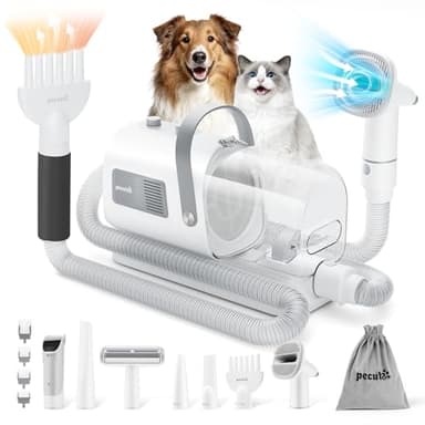Pecute Kit Toelettatura Cani e Gatti 3 in 1: Soffiatore, Tosatrice e Aspirapolvere per Peli, Silenzioso 55dB Con 7 Accessori, Capacità 1,7L, Più Leggero e con Tubo da 3.5m, Per Cani di Tutte le Taglie