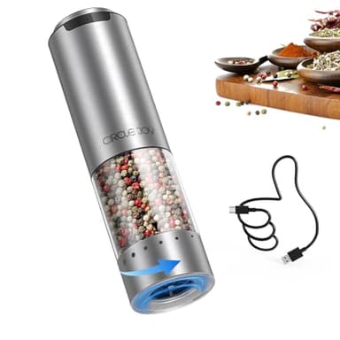 CIRCLE JOY Macinapepe Ricaricabile Macinaspezie Elettrico in Acciaio Inossidabile con Contenitore Trasparente da 95ml, Luce LED Bianca e Ruvidità Regolabile Esterna, Argento