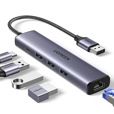 UGREEN Hub USB 3.0 Ethernet in Alluminio con Porta Alimentazione Tipo C 5V/2A Cavo di Nylon RJ45 Gigabit Adattatore LAN 1000Mbps Plug & Play su Windows 11 10 8 MacOS