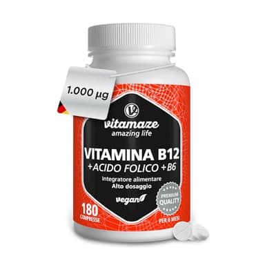 Vitamaze Vitamina B12 1000 mcg + 375 mcg Acido Folico + Vitamina B6 ad alto Dosaggio (6 mesi di trattamento) 180 Compresse Vegane, Integratore senza Addittivi, Qualità Tedesca