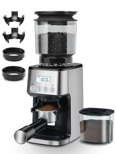 Homtone Macinacaffè Elettrico con 51 Livelli di Macinatura Regolabili, Macine Coniche in Acciaio Inox, Tecnologia Antistatica, per Espresso, Caffè Filtro e French Press, 160W (Argento)