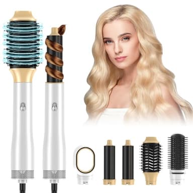Anluomafuy Spazzola Asciugacapelli 5 in 1 Multifunzione, 1200W Spazzola phon Asciugacapelli e Styler con 5 Accessori, 3 Temperature, Ferro Arricciacapelli Ad Aria Calda per Crespo (Oro bianco)