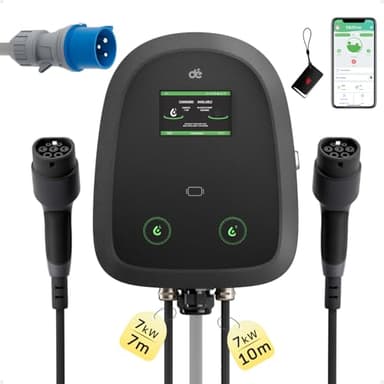 dé Wallbox Doppia 2×7,4 kW con Cavo Tipo 2 da 7m & 10m, Monofase 32A, Controllo App & OCPP/RFID, Contatore Integrato & RCD Tipo B, IP54 – Stazione di Ricarica Intelligente per Casa e Aziende