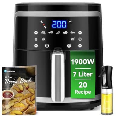Aigostar 30IBT - Friggitrice ad Aria XXL,1900W, 7L, Air Fryer Senza Olio con 7 Scelte Già Programmate, Pannello Touch a Led, Cestello Removibile anti Aderente, Mantenimento Calore, 20- Ricette, Nero