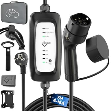 EVIEUN Colonnina Ricarica Auto Elettrica, 3,6kW 6-16A 7m Cavo Ricarica Auto Elettrica Tipo 2 Compatibile con ID.3/ID.4, Model 3/Y, Zoe, e-208, Spring e Altri EV/PHEV | Spina Schuko UE | IEC 62196-2