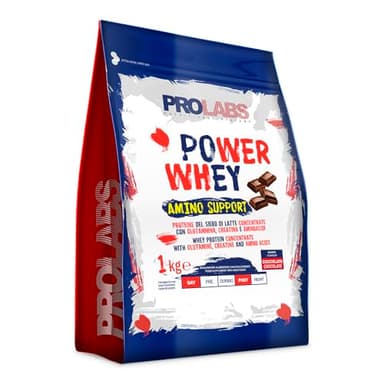 PROLABS – Proteine in Polvere POWER WHEY AMINO SUPPORT Concentrate Ricche di Aminoacidi Essenziali e BCAA - Whey Protein + Creatina, Glutammina e Vitamina B6, Crescita, Forza e Recupero 1kg Cioccolato