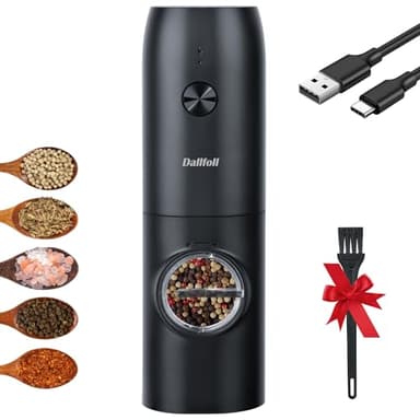 Dallfoll Macinapepe Elettrico, Macina Sale e Pepe, Macinapepe Gravità Automatica Grossolanità Regolabile, Operazione a una Mano, Alimentazione Batteria con Luce LED e Piccolo Pennello