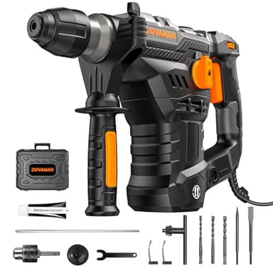 DOVAMAN RH15A Martello Demolitore SDS-Plus 1500W, 7J, 4 Funzioni, 900 giri/min, 4350 bpm, Anti Vibrazioni, Frizione di Sicurezza, con Set Punte e Scalpelli, per Cemento e Muro, con Valigetta