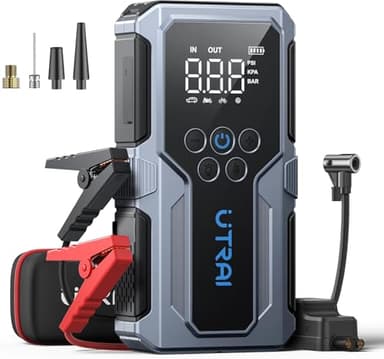 UTRAI Avviatore Batteria Auto con Compressore 150PSI/18W Ricarica Rapida 3.0, 6000A Booster Avviamento Auto/Moto per 12V Veicoli a Motore (9.0L Benzina/7.0L Diesel), Avviatore Emergenza con Torcia