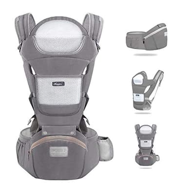 YIKANWEN Marsupio Neonato 0-36 mesi [Scopri di Più Sull'utilizzo] Marsupio Neonato Ergonomico a 25kg, Fascia Neonato con Sedile Multiposizione, Poggia Testa e Cappuccio, Cotone Traspirante, Grigio