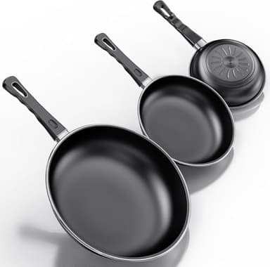 Kiseely Set di padelle antiaderenti, set da 3 padelle da 24, 26e 30 cm, senza PFAS, lavabile in lavastoviglie, adatto a tutti i tipi di piani cottura, compresa l'induzione (PA6)
