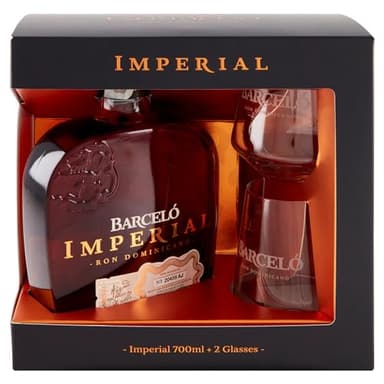 Ron Barceló Imperial – Idea Regalo, 2 Bicchieri da Degustazione e 1 Bottiglia di Rum Ambrato da 700 ml, Invecchiato Naturalmente fino a 10 anni, Rum Dominicano Pluripremiato