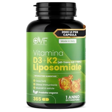 OVF Vitamina D3 K2 Alto Dosaggio 365 Capsule Vegano Vitamina D3 + K2 Liposomiale (MK-7) per Ossa e Denti Crescita Funzione Muscolare Senza Glutine, Soia e Lattosio Made in Italy