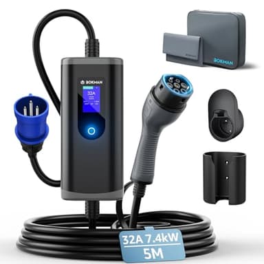 bokman wallbox 7,4 kw Tipo 2 CEE [5 Metri | 6-32A | IP65 Impermeabile] colonnina Ricarica Auto elettrica con Spina CEE, Compatibile con Model Y/3, Q4, e-208, 500e, e Altri EV/PHEV
