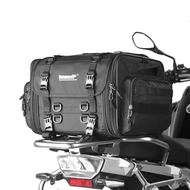 Rhinowalk Borsa posteriore per moto, espandibile, 33-45 l, impermeabile, per tutte le stagioni, con cinghie Sissy Bar e copertura antipioggia per casco, colore nero