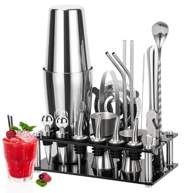 Cinnani Boston Cocktail Shaker Set di 20 Pezzi-Set Cocktail Professionale-Cocktail Set con Acrilico Soporte-Professionale barman set-Cocktail Shaker Set-Set Shaker in Acciao Inox-Shaker per Cocktail