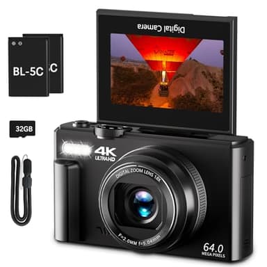 Fotocamera digitale 4K per fotografia, 64 MP Vlogging Camera per YouTube con 3 pollici (3 pollici) 180 ° Flip Screen, Zoom 18X Fotocamera Digitale e Fotocamera Ripresa con 32GB Micro SD Card