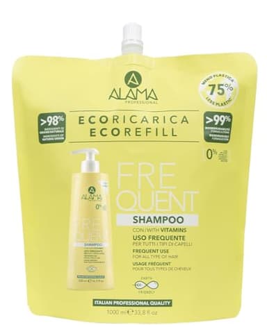 Alama Professional Eco-Refill Frequent Shampoo Detergente per Tutti i Tipi di Capelli, con Vitamine per Capelli Sani, Vitali e Luminosi, senza SLES e Solfati, 90% Ingredienti Naturali, Vegan,1000ml
