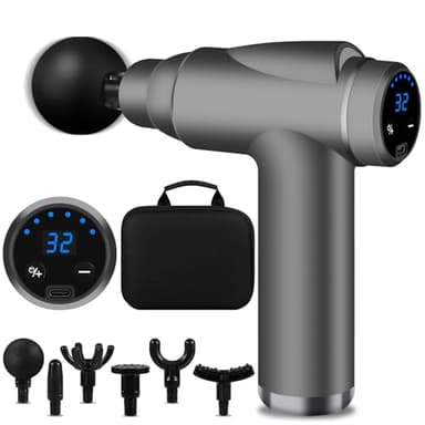 BUOAZR Pistola Massaggio Muscolare, 32 Velocità 3500RPM con 6 Testine, Mini Massage Gun con Display LCD, 1800mAh, Portatile Massaggio Pistola Elettrico Silenzioso per Rilassare i Muscoli(Grigio)