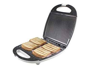 Beper Maxi Toast&Grill - Tostiera 4 Fette Grill, Sruttura esterna in bachelite, Piastre grill Maxi antiaderenti di 28 x 21cm, 1300 W, Bianco