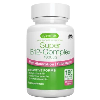 Vitamina B12 Sublinguale 1000mcg, Metilcobalamina Metilata, 1 al giorno, 180 Compresse Vegane, Integratore B12, 3 Forme ad Alto Assorbimento, Ingredienti Puri, Gusto Fragola, Senza Zucchero - Igennus