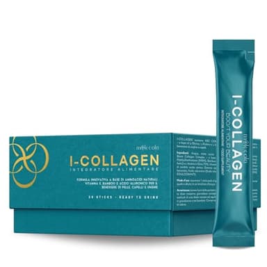 I-COLLAGEN - Integratore Collagene e Acido Ialuronico con Bamboo e Vitamina E per Capelli, Pelle e Articolazioni - Confezione 30 Stick di Collagene Vegano da Bere - MOOLECOLA