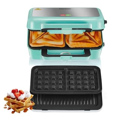 Piastra Waffles Maker 3 in 1, 1200W Tostapane Piastra Panini, Tostiera Elettrica, ad Alta Potenza, Controllo della Temperatura a 5 Marce, Deposito Cavi, Rivestimento Antiaderente (Blu)