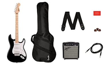 Squier by Fender Sonic Stratocaster Pacchetto Chitarra Elettrica, Nero, Tastiera in Acero, Gig Bag, Amplificatore Squier Frontman 10G 230V EU, Include Lezioni Virtuali Gratuite su Fender Play