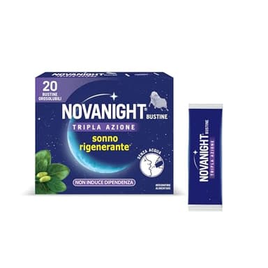 Novanight Tripla Azione Bustine, Magnesio, Melatonina per Dormire, Integratori per Dormire, Disturbi del Sonno - Senza Glutine, con Griffonia, Non Induce Dipendenza (20 Bst Gusto Camomilla e Agrumi)