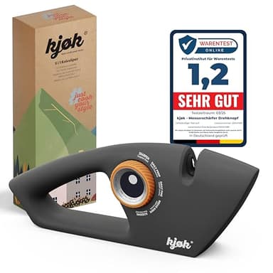 kjøk Premium Affilatore per coltelli e forbici con manopola regolabile – Affilacoltelli manuale – 5 Livelli – Barre in diamante, ceramica & carburo di tungsteno – Corpo in ABS Nero opaco