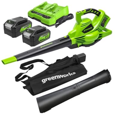 Greenworks 48V(2x24V) Aspirafoglie Soffiatore a Batteria con Tracolla, Motore Brushless, 322km/h, 9m³/min, Sacco di Raccolta 45L, 2 4Ah Batterie, e Caricabatterie, Garanzia 3 Anni GD24X2BVK4X
