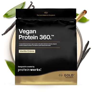 Protein Works | Vegan Protein 360 – GOLD Innovation, Proteine Vegane, Miscela Multi-Proteica Premium 100% Vegetale, Shake a Basso Contenuto di Grassi e Calorie, Crema alla Vaniglia, 16 Porzioni, 500g