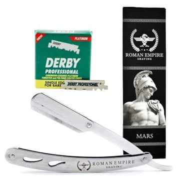 Rasoio a Mano Libera Mars di Roman Empire Shaving | Rasoio per Uomo Professionale da Barbiere per Barba, Baffi e Contorni con Set di 100 Lamette Derby Professional