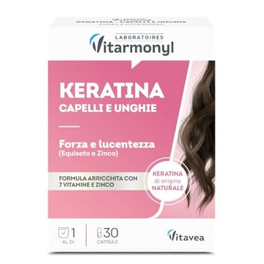 Keratina Capelli e Unghie - Cheratina - Integratori per Capelli - Forza e Lucentezza - Con 7 Vitamine e Zinco - 30 Capsule - Vitarmonyl