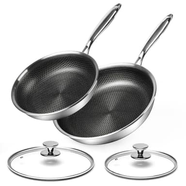 Innerwell Set di padelle Antiaderente 24/28 cm, 2 Pezzi Padella Acciaio Inox Induzione con Coperchio, Rivestimento a nido d'ape antigraffio, Padelle Adatte Per Forno, Universali Pentole, Senza PFOA