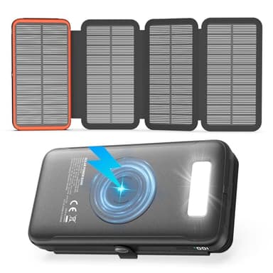 Caricatore Solare 27000mAh Power Bank Wireless - 22,5W Ricarica Rapida USB-C Batteria Esterna con Tre Uscite USB PD 4.0 QC 3.0 e 4 Pannelli Solari per Smartphone Tablet (Arancione)