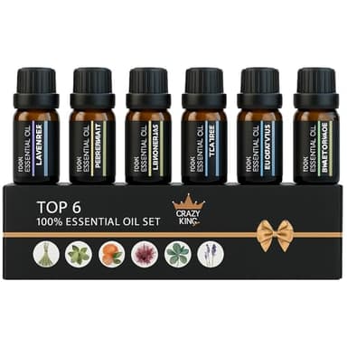 Crazy King Set 6 Oli Essenziali 10ML Per Diffusori Essenze Naturali Diffusore Aromaterapia Olii Essenziali 100% Puri, Profumatore Per Ambienti, Massaggi e Relax Con Lavanda,Arancia,Eucalipto,Tea Tree