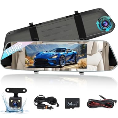 NHOPEEW Dash Cam a specchio da 7 pollici con doppia telecamera anteriore e posteriore - Sensore di gravità/registrazione in loop/rilevamento del movimento/monitor di parcheggio + scheda SD da 64G