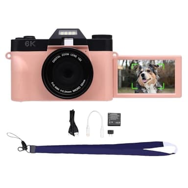 LICAEVEY Camera da Mirrorless da 6K con CMOS da 64 MP e Zoom Digitale 16x - Fotocamera da Vlogging da Vlogging da 3 Pollici a 180 ° con Trasferimento WiFi, Autofocus, Rallentatore (PINK)
